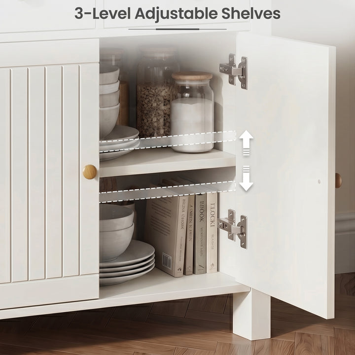 [White] cabinet with open door showing 3-level adjustable shelves and kitchen items inside.