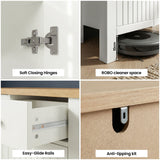 [White] Collage of furniture features including soft closing hinges, ROBO cleaner space, easy-glide rails, and anti-tip kit