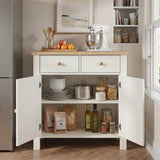 [White] Linra 2 door sideboard with doors open revealing two adjustable shelves storing pots, bowls, ceramic canisters, pasta, coffee, and olive oil