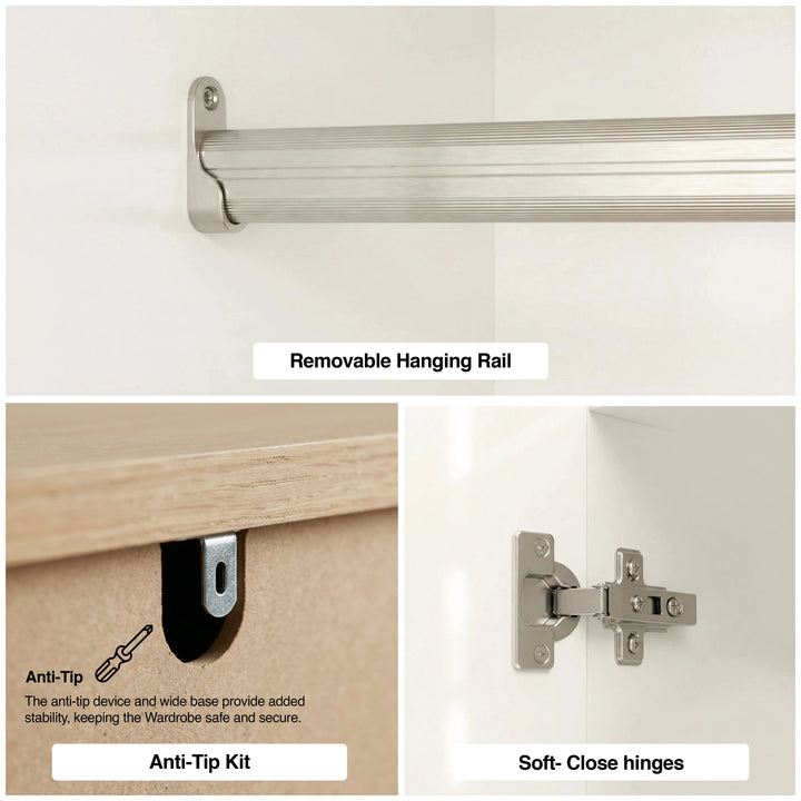 [White] Removable hanging rail, anti-tip kit, and soft-close hinges on a wardrobe