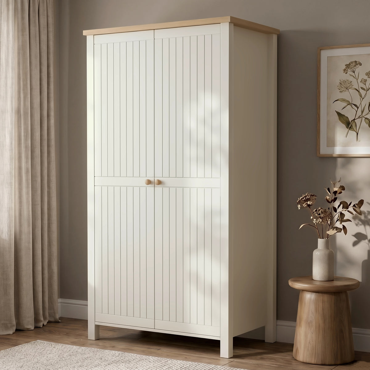 [White] 2 door wardrobe with wooden top and legs in a room with a plant and vase on a small table