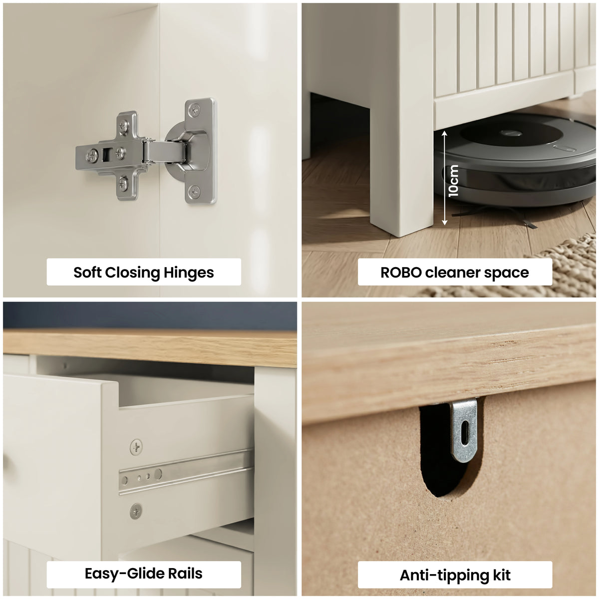 [White] Linra 3 door sideboard feature details showing soft-close hinges, easy-glide drawer rails, robot cleaner clearance, and anti-tipping wall bracket
