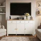 [White] 3 door sideboard cabinet with a TV above it in a living room setting