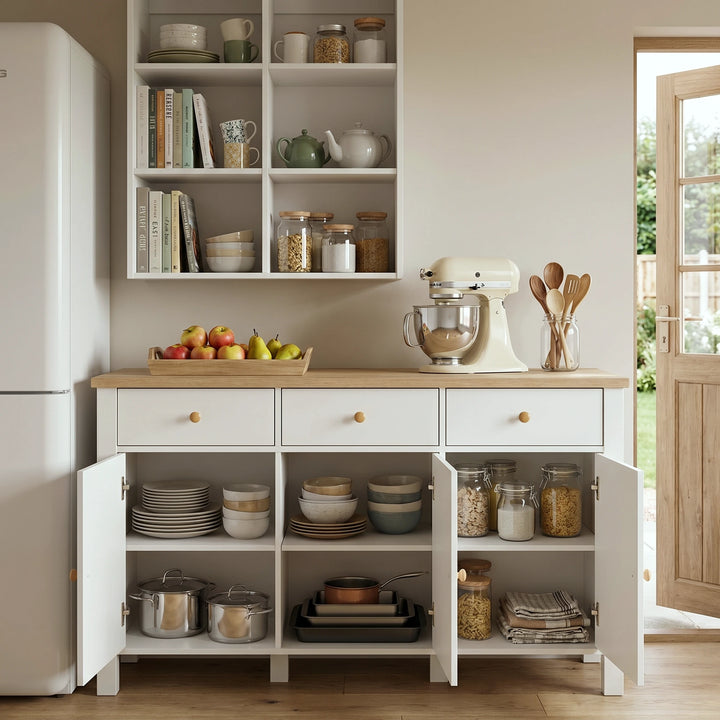 [White] Modern kitchen with white cabinets, wooden countertop, and various kitchen items