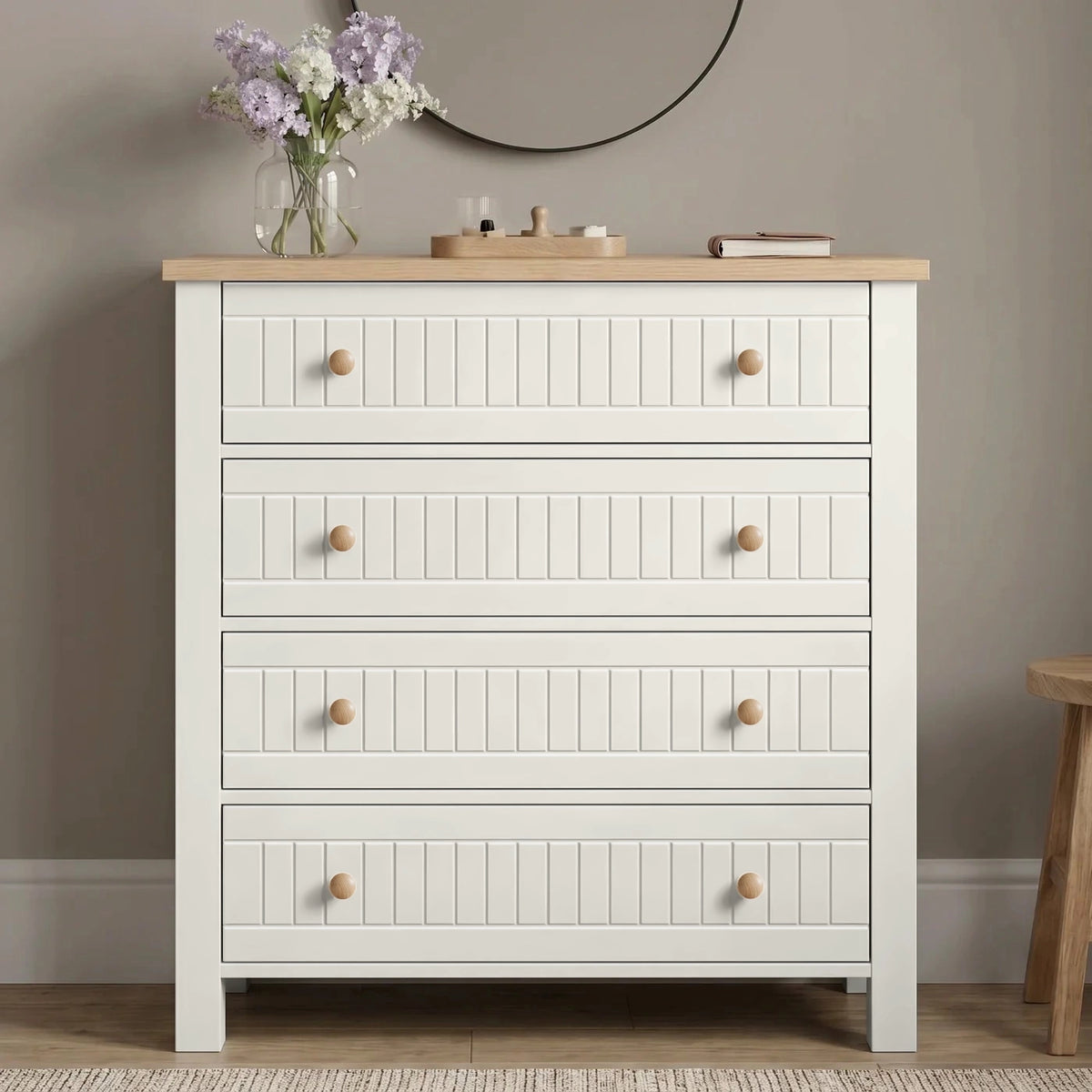 [White] Linra White Painted 3 Piece Bedroom Set - Oak Top front view of the 4-drawer slatted chest.