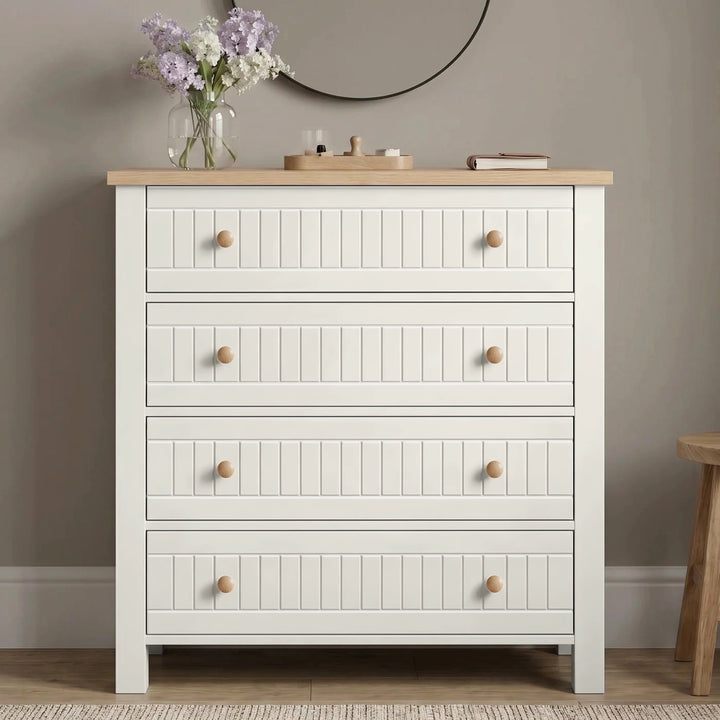 [White] Linra White Painted 3 Piece Bedroom Set - Oak Top front view of the 4-drawer slatted chest.