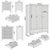 [White] Linra bedroom furniture set diagram: wardrobe 140.5 x 55 x 186 cm, chest 83 x 42 x 95 cmbedside 50 x 40 x 60