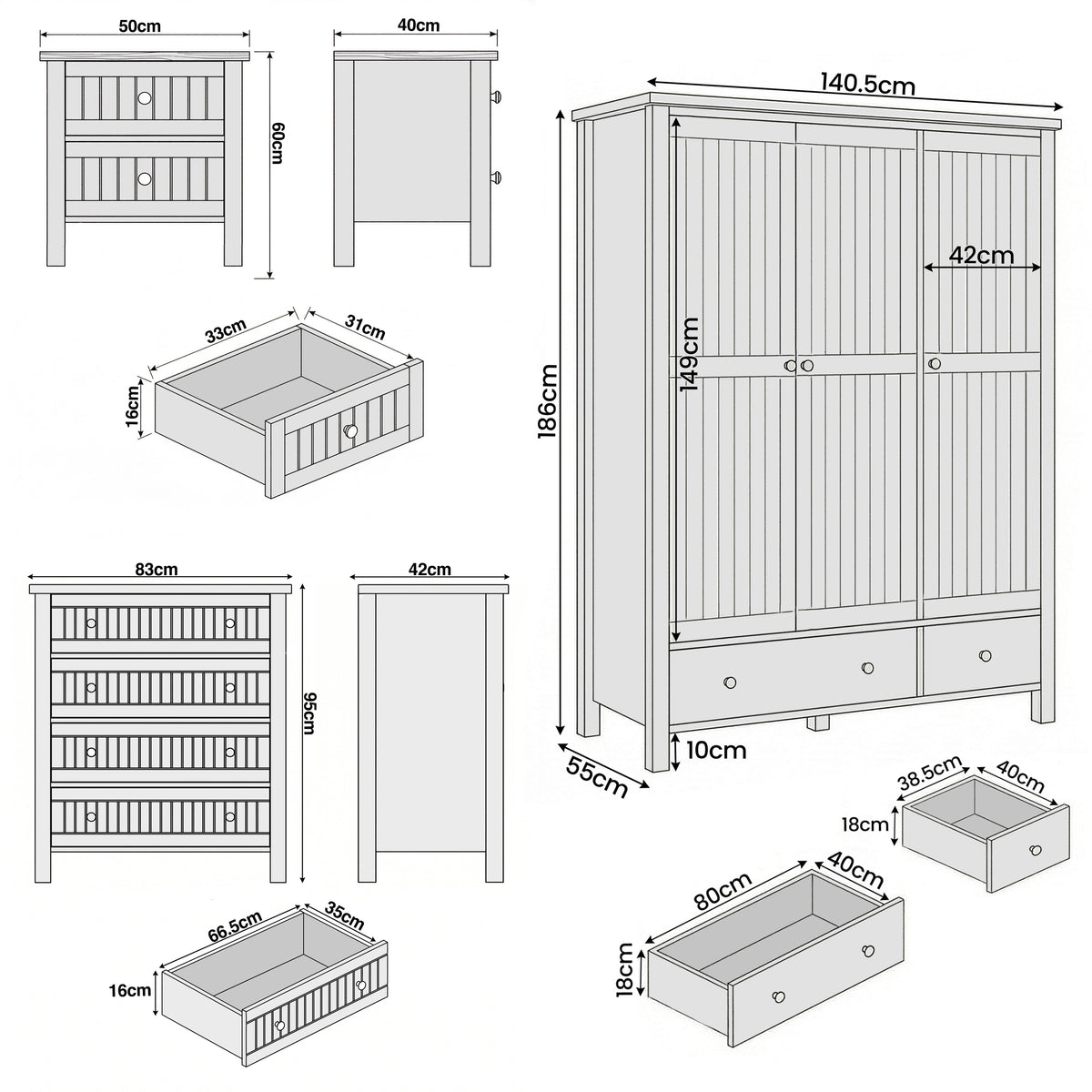 [White] Linra bedroom furniture set diagram: wardrobe 140.5 x 55 x 186 cm, chest 83 x 42 x 95 cmbedside 50 x 40 x 60