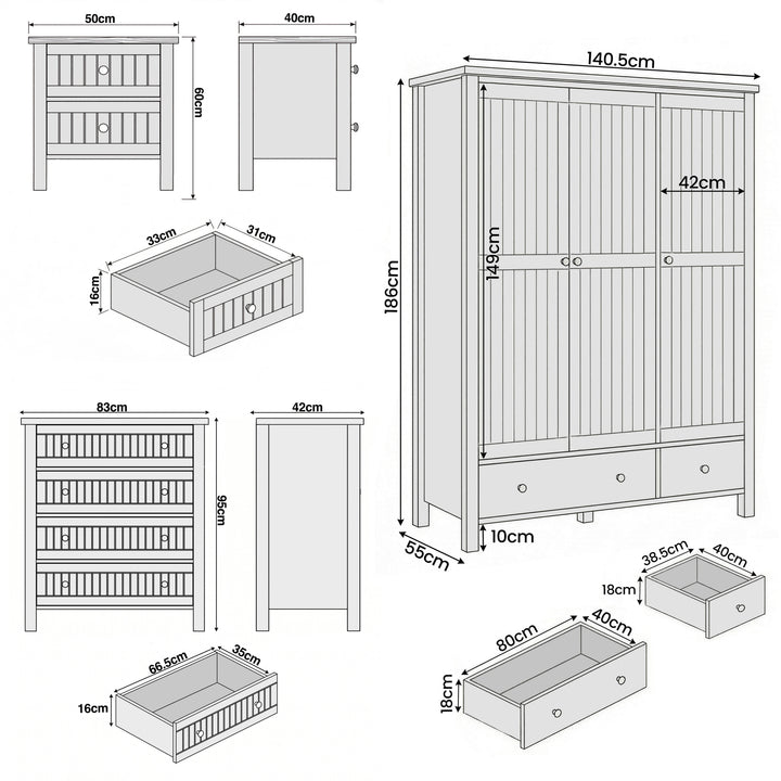 [White] Linra bedroom furniture set diagram: wardrobe 140.5 x 55 x 186 cm, chest 83 x 42 x 95 cmbedside 50 x 40 x 60