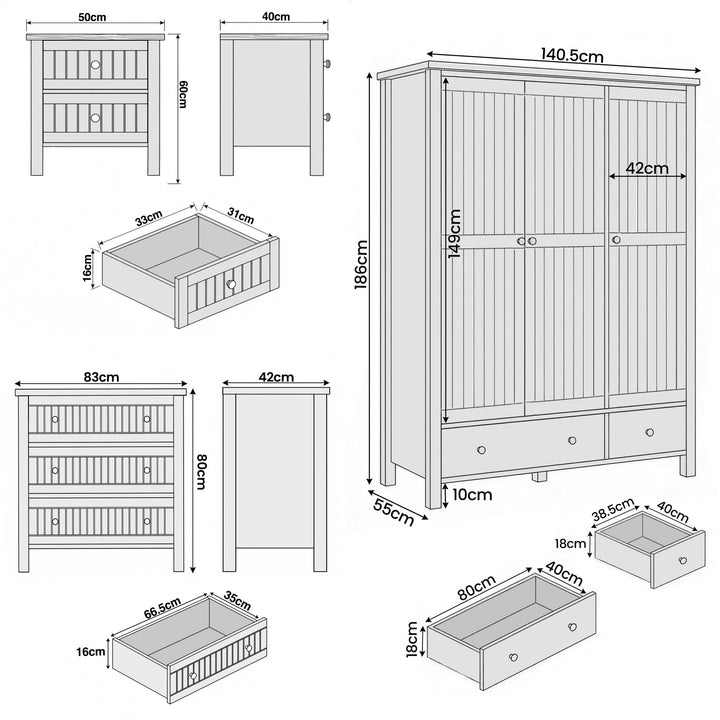 [White] Linra bedroom furniture set sizes: wardrobe 140.5 x 55 x 186, chest 83 x 42 x 80, bedside 50 x 40 x 60 cm