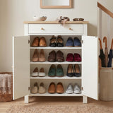[White] Linra White 4 Tier Painted Shoe Storage Cabinet fully open with both doors wide showing four rows of organized footwear including loafers, heels, and sneakers next to an umbrella stand.