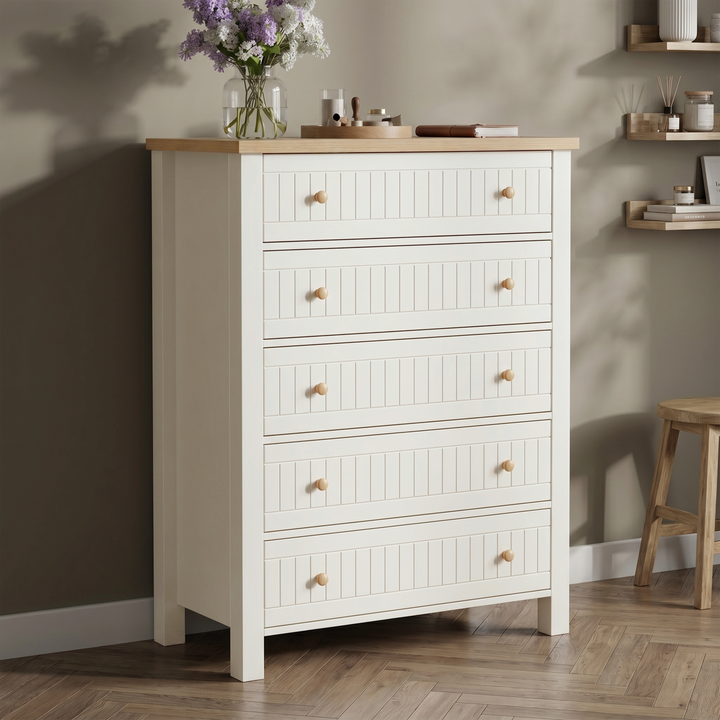 [White] Linra tall chest of drawers at three-quarter angle oak top with vase and candle tray on side console