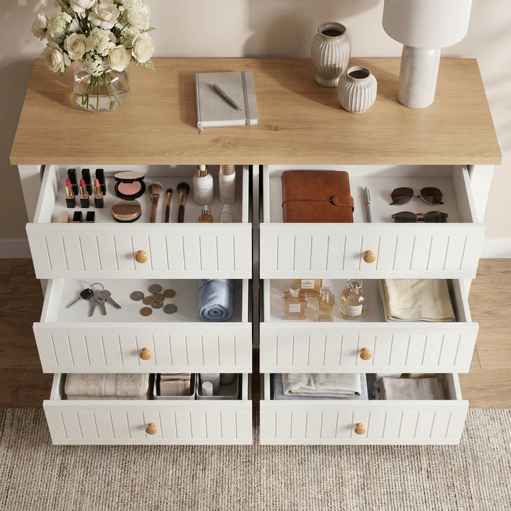 [White] Linra large 6 drawer chest top-down view with all drawers open, accessories inside and stems on top