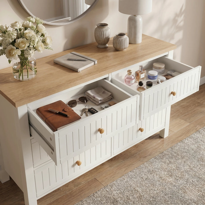 [White] Linra large 6 drawer chest top-down view with two drawers open, accessories inside and stems on top