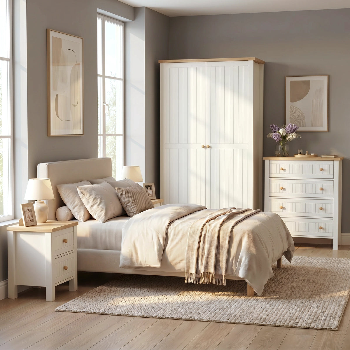 [White] Linra White Painted 3 Piece Bedroom Set - Oak Top fully arranged in a bright, modern bedroom scene.