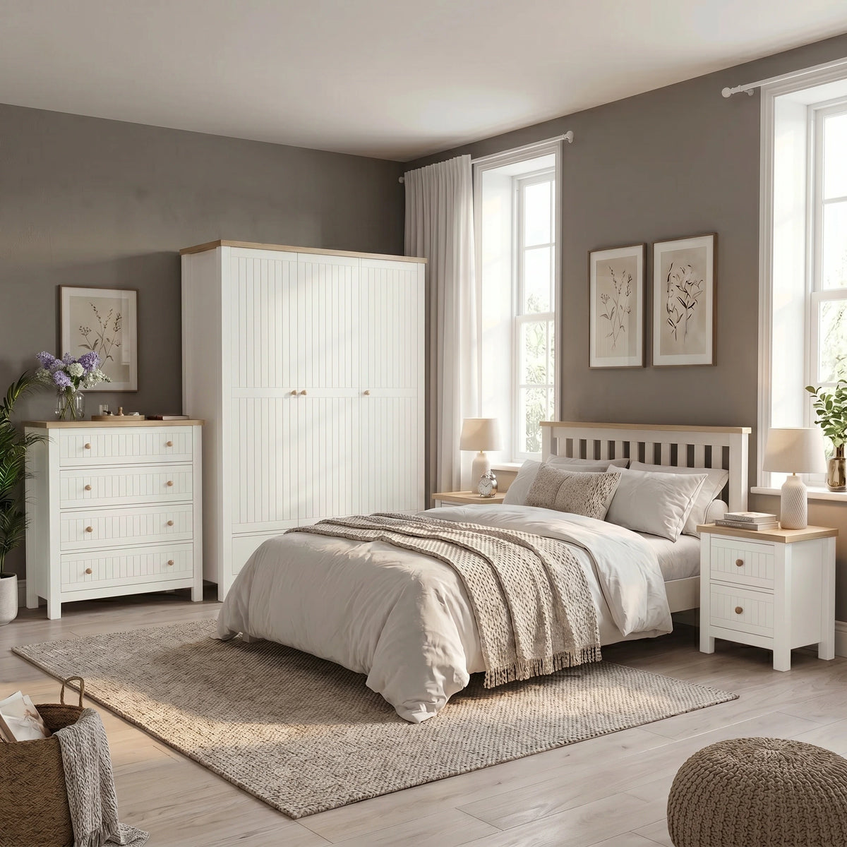 [White] Linra White Painted 4 Piece Bedroom Set styled in a bright bedroom with a double bed, large windows, botanical wall prints, and neutral linen bedding on a jute rug