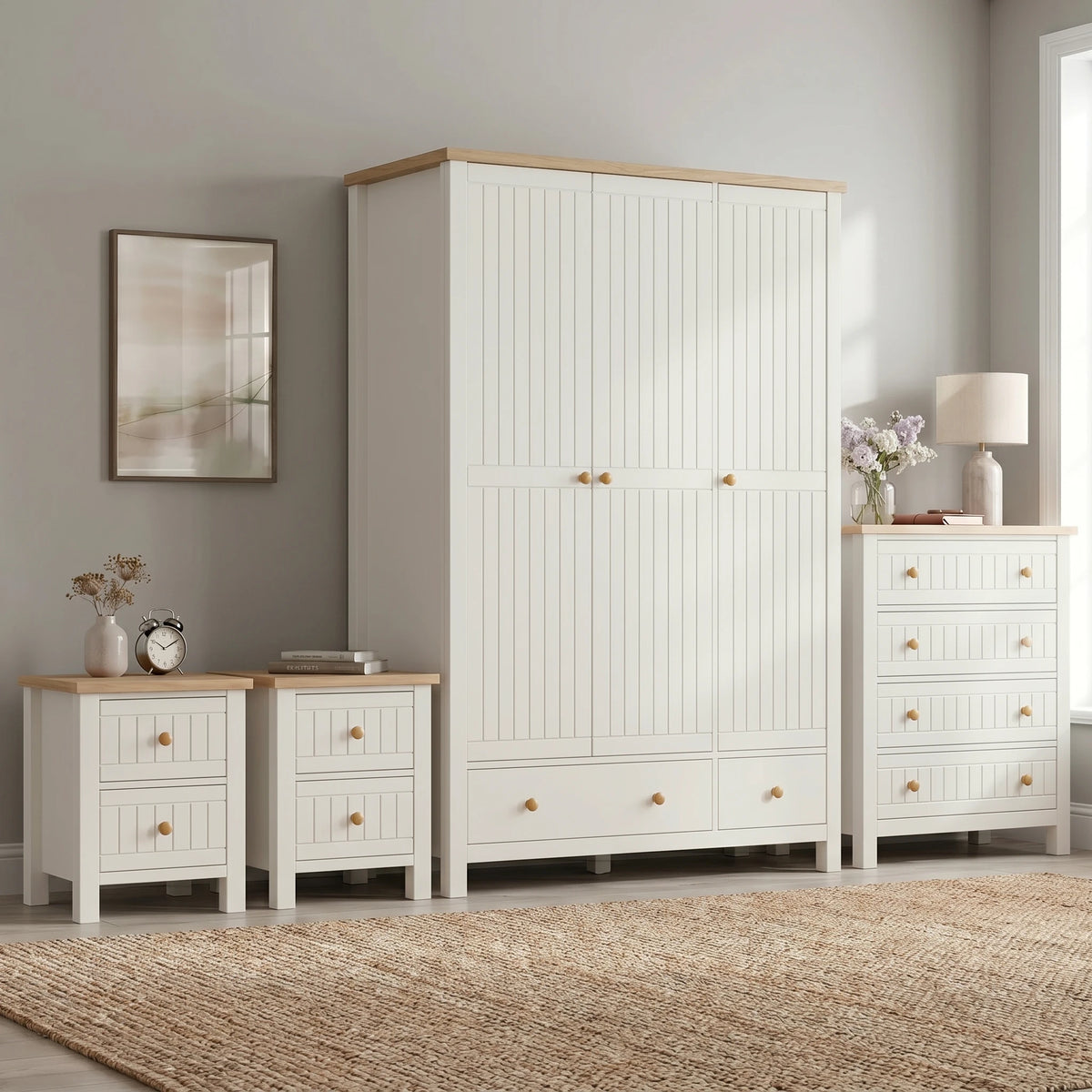 [White] Linra White Painted 4 Piece Bedroom Set arranged against a light grey wall two bedside tables