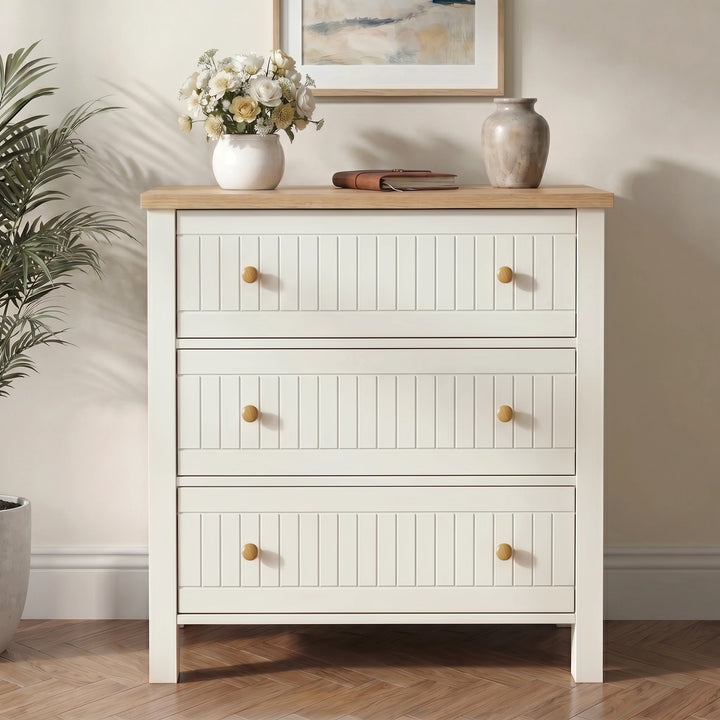 [White] Linra Painted 4 Piece Bedroom Furniture Set chest of drawers with three beadboard-front drawers, oak top, and round wooden knobs