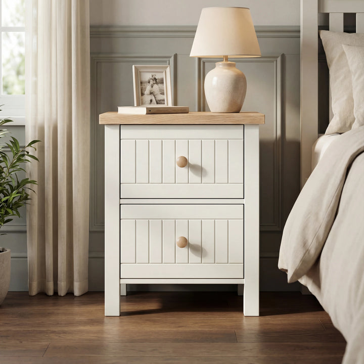 [White] Linra White Painted 3 Piece Bedroom Set - Oak Top front look of the 2-drawer slatted bedside table.