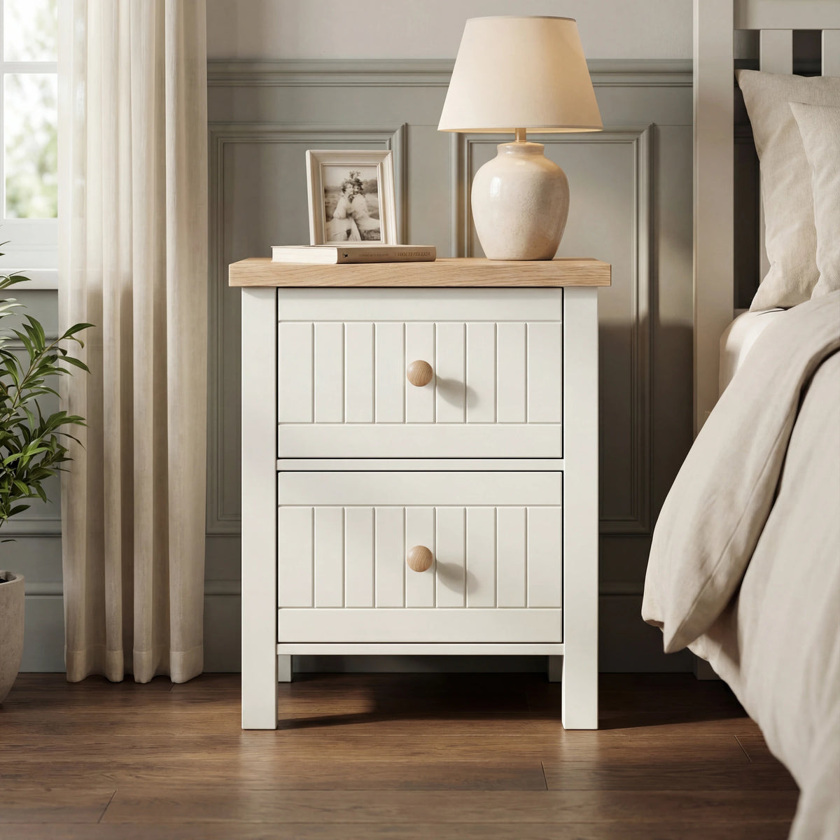 [White] Linra White Painted 3 Piece Bedroom Furniture Set - Oak Top front look of the 2-drawer slatted bedside table.