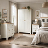 [White] Linra White Painted 3 Piece Bedroom Furniture Set - Oak Top fully arranged in a soft warm bedroom scene.