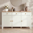 [White] 3 door linra sideboard with wooden top in a room setting front view