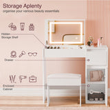 [White]  Makeup vanity with storage features and beauty products on a pink background