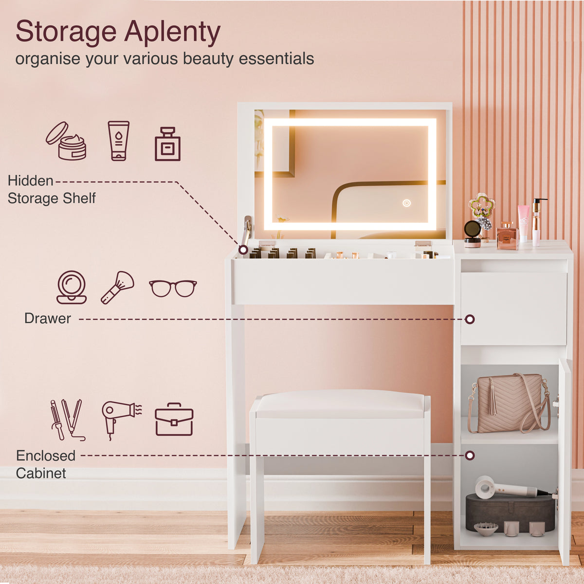 [White]  Makeup vanity with storage features and beauty products on a pink background