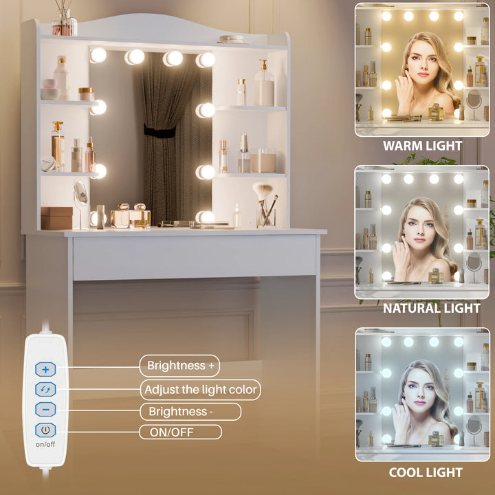[White]  Makeup vanity with lights, shelves, and a remote control for light adjustments.