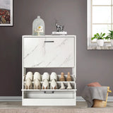 [White Marble] White marble 12 pair shoe storage cabinet with lower pull-down drawer open and boots neatly placed inside.