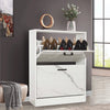 [White Marble] Slim shoe cabinet for hallway in white marble finish with pull-down drawer open and decorative accents placed on top.