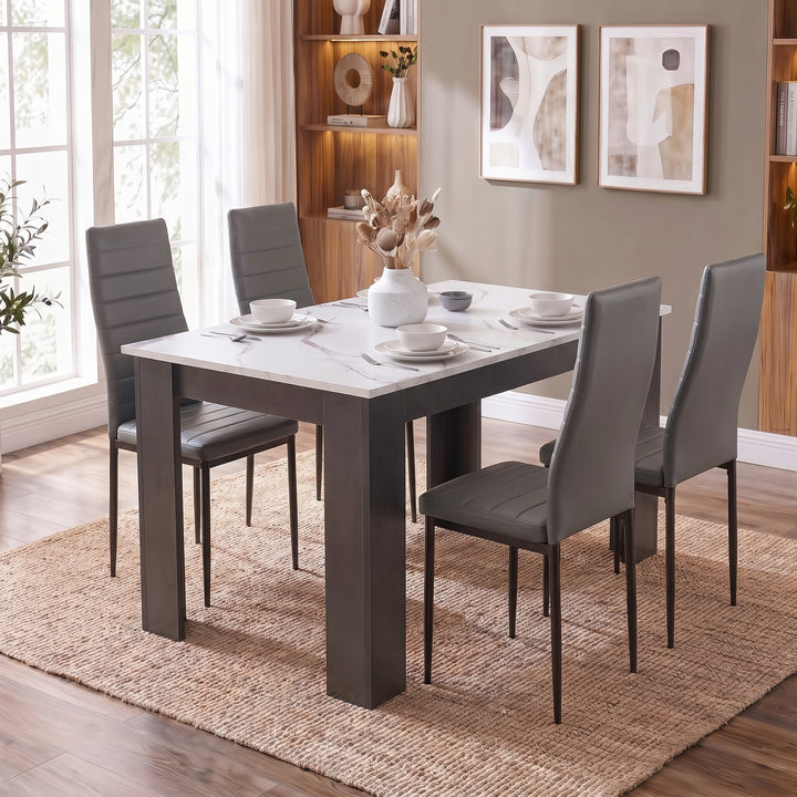 [4 Seater | Grey] White Marble 4 Seater Dining Table and Chairs Set styled beautifully in a sunlit dining area with matching grey chairs.