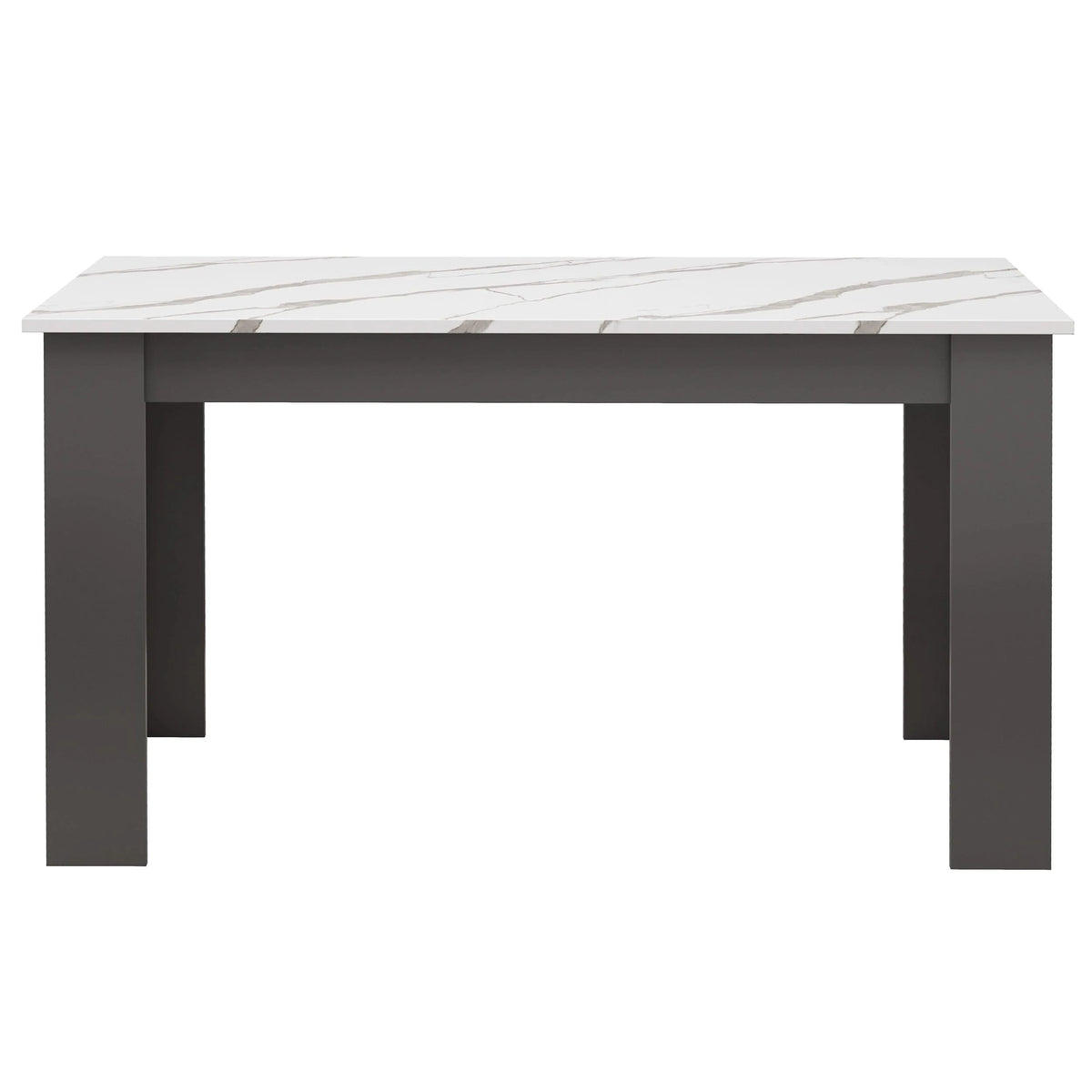 [6 Seater | Grey] front angle of marble dining table with grey L shaped legs and 18 mm engineered wood tabletop.