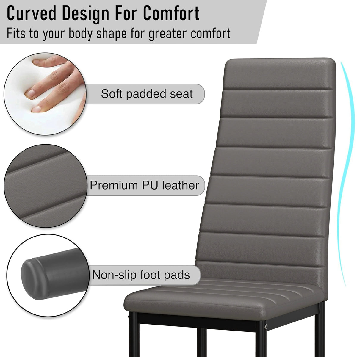 [4 Seater | Grey] feature graphic of grey dining chair with padded seat and PU leather closeups