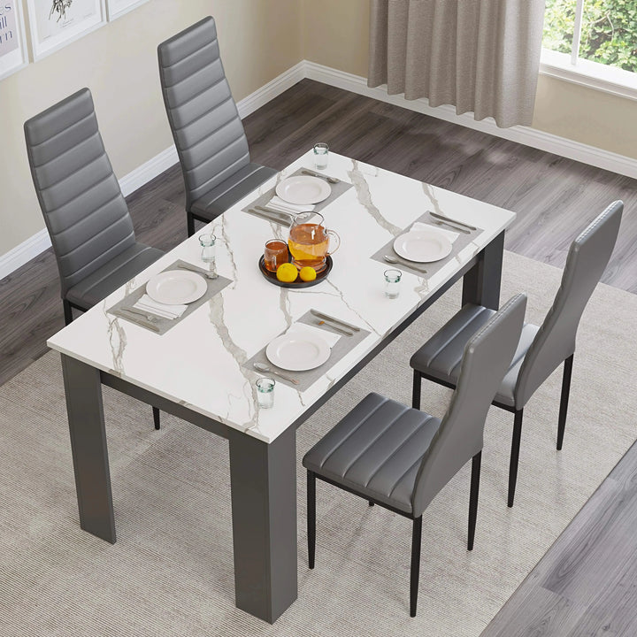 [4 Seater | Grey] top-down view of 4 seater dining table and chairs set with four grey PU chairs