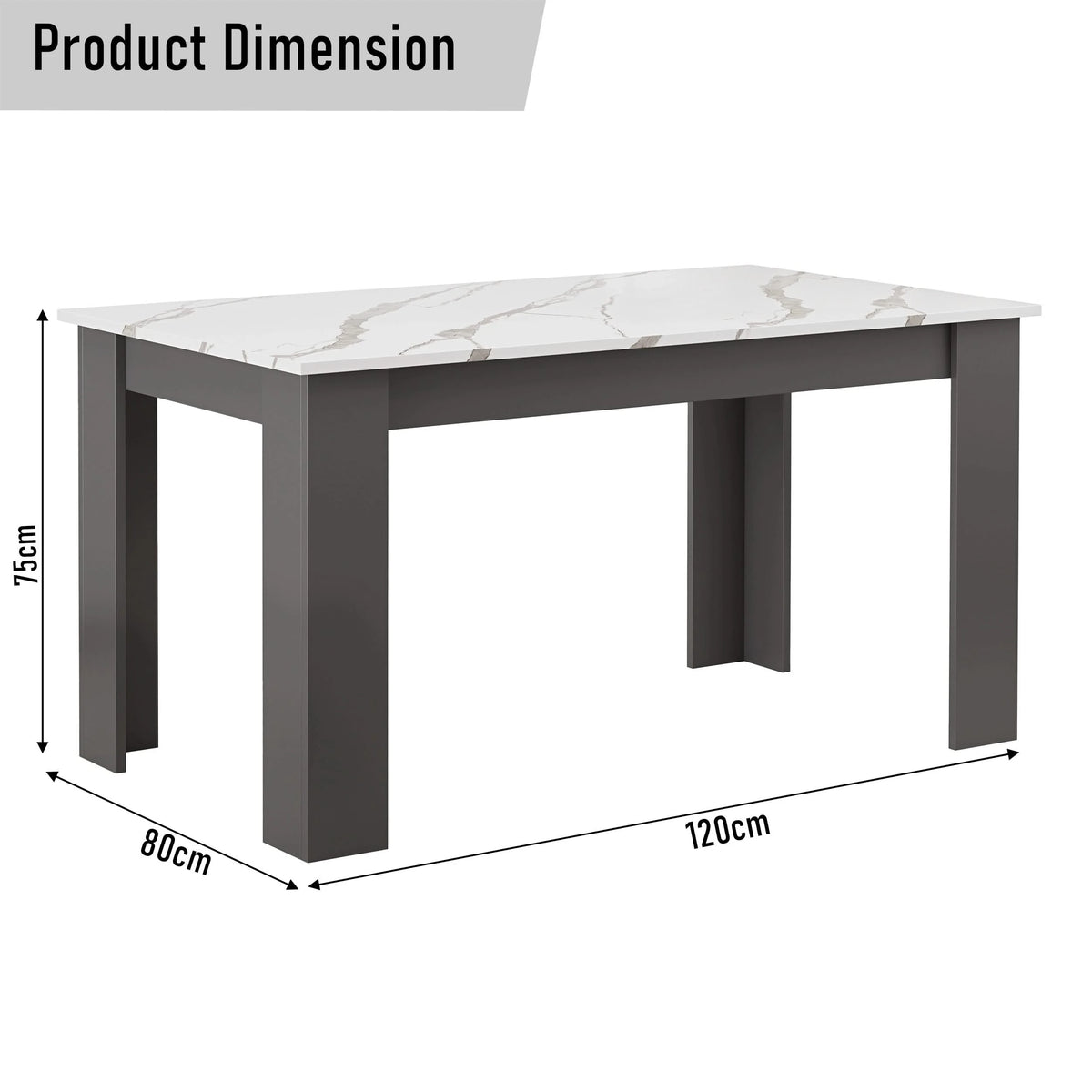[4 Seater | Grey] dimensions diagram of 4 seater marble dining table 120cm long, 80cm wide, 75cm tall, grey base