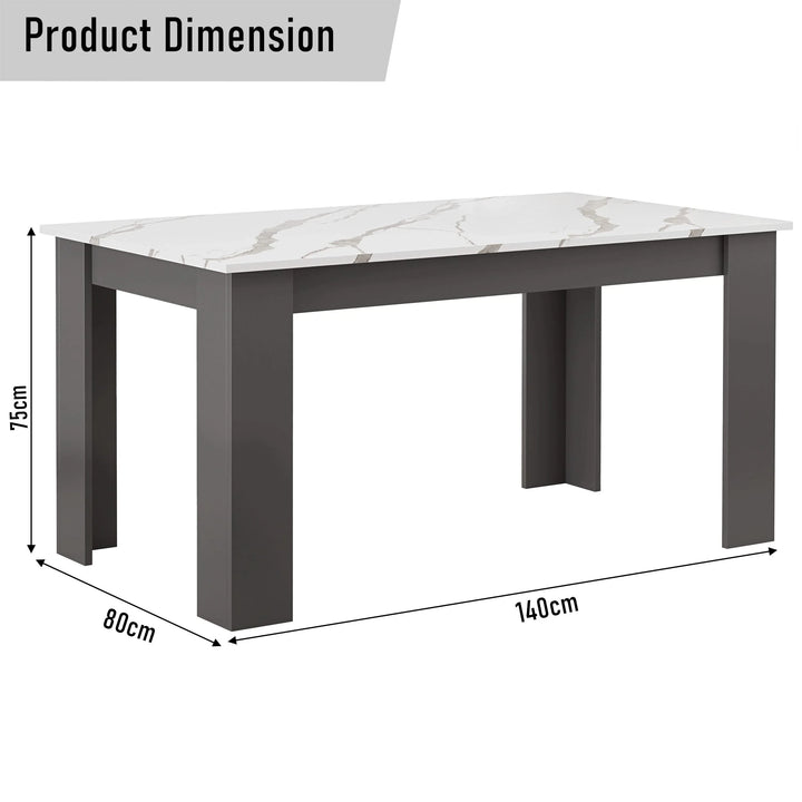 [6 Seater | Black] dimensions diagram of 6 seater marble dining table 140cm long, 80cm wide, 75cm tall