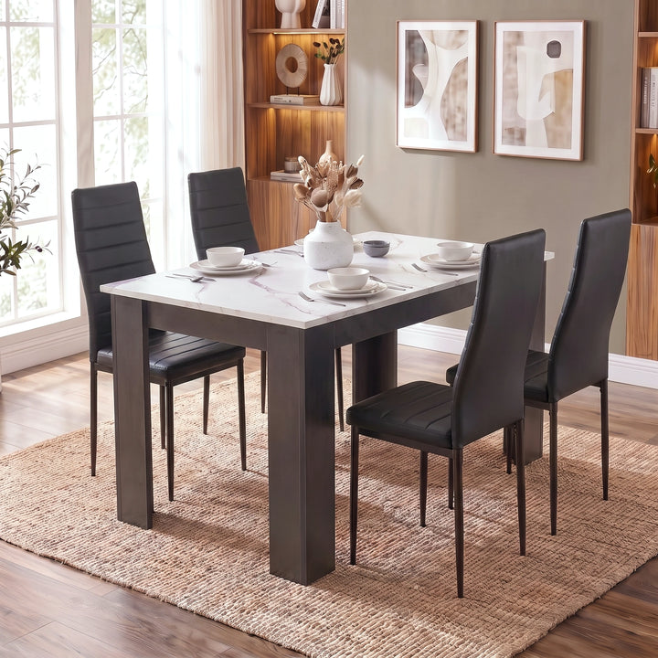 [4 Seater | Black] lifestyle shot of 4 seater dining set with white marble top, grey legs and four black chairs