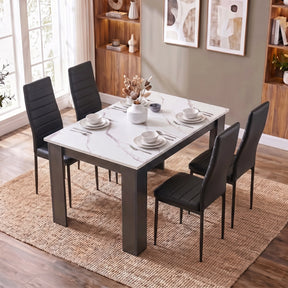 [4 Seater | Black] 4 seater dining table and chairs set with white marble top, grey base and four black PU leather chairs