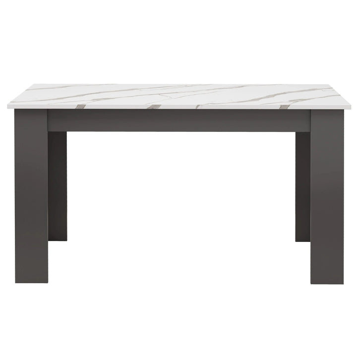 [4 Seater | Black] bare white marble 4 seater dining table with grey L-shaped legs, no chairs, front view