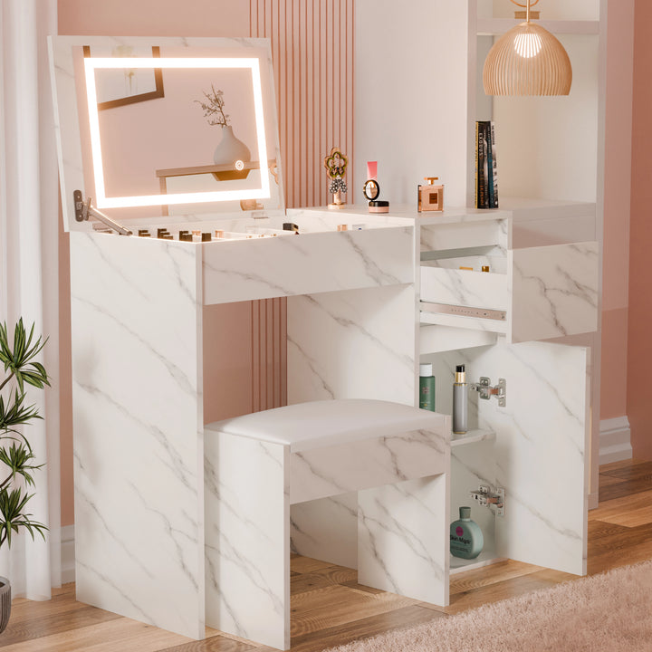 [White Marble] patterned vanity with a lit mirror in a room with pink walls and a plant.