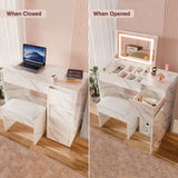 [White Marble]  patterned desk with laptop and books when closed, and makeup station with mirror and lights when opened.
