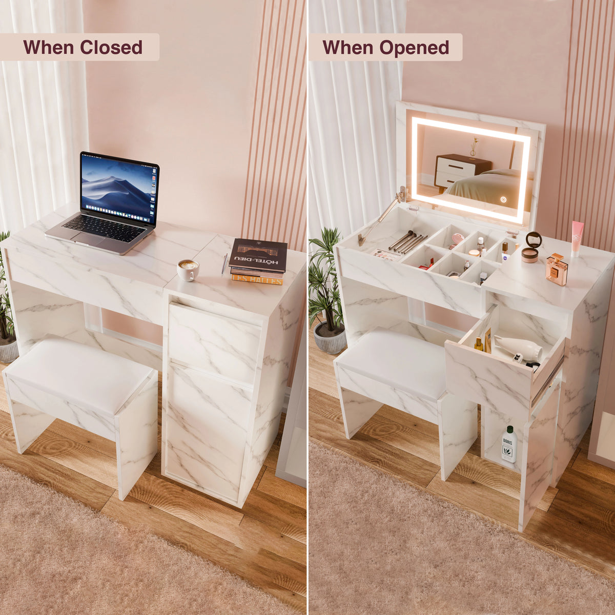 [White Marble]  patterned desk with laptop and books when closed, and makeup station with mirror and lights when opened.