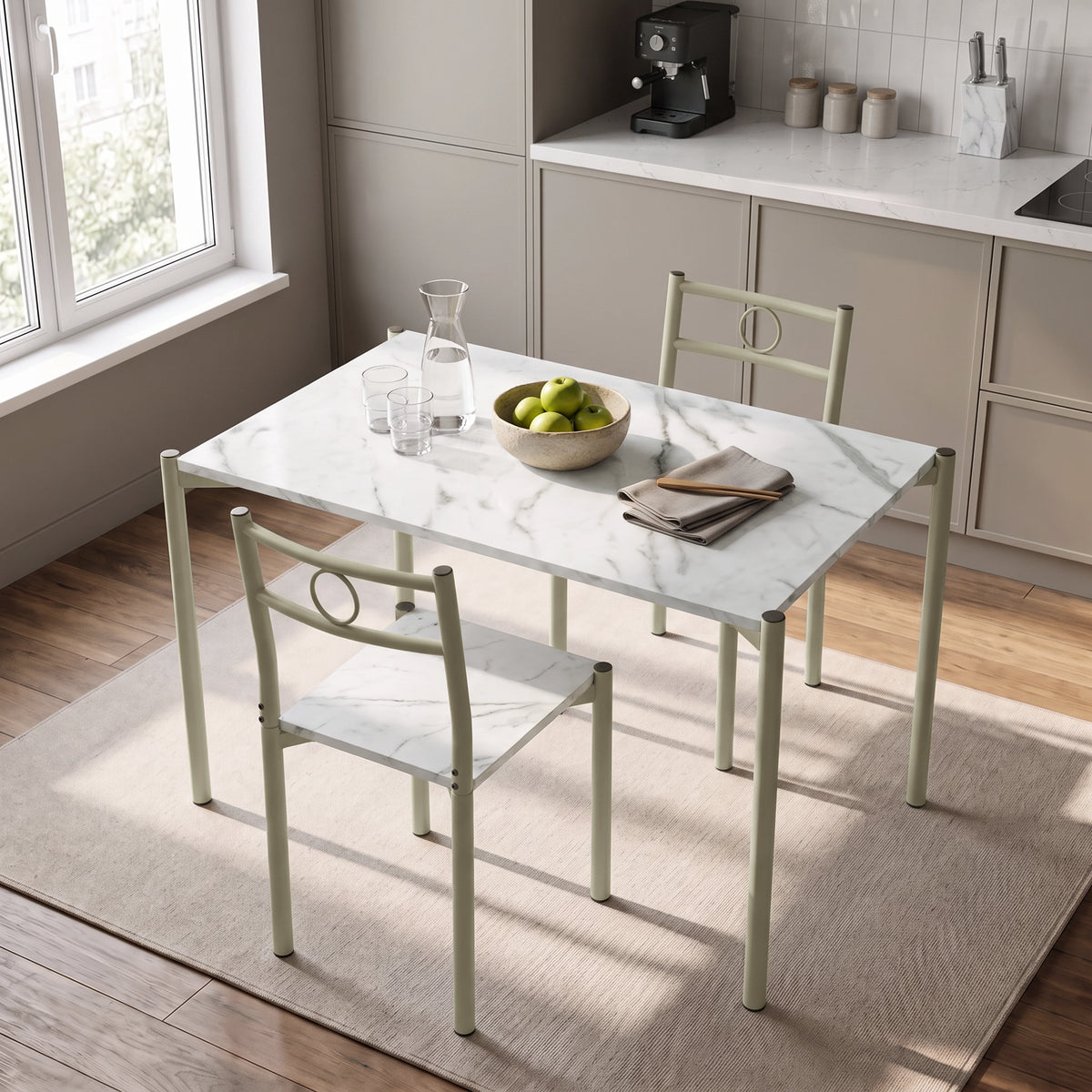[White Marble] Kitchen breakfast scene with the table set for two, orange juice, glasses, apples, plates and cutlery