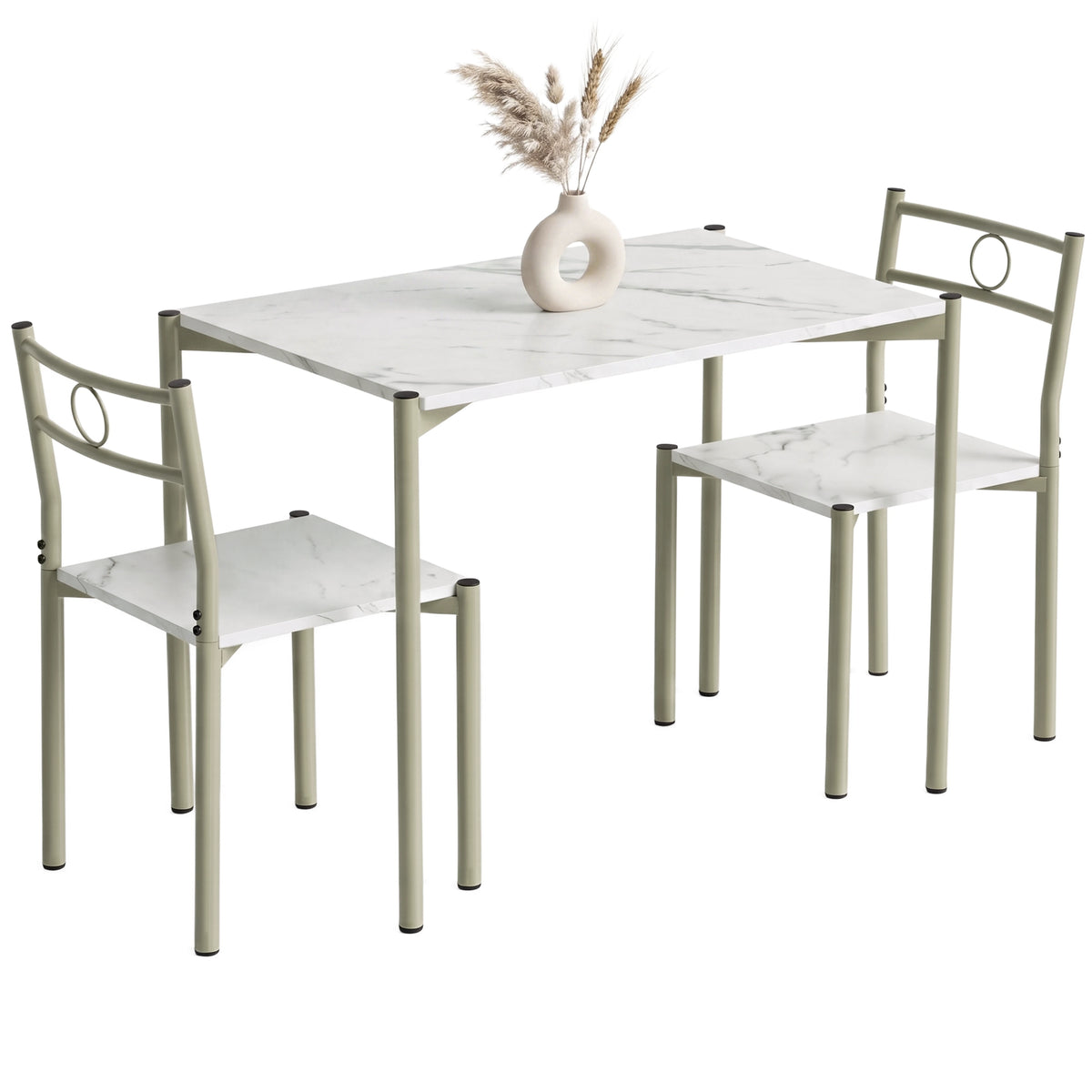 [White Marble] Angled studio view of the three-piece dining set with two chairs, circular backs, pale frames and a decorative vase