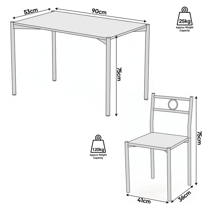 [White Marble] Size guide showing the rectangular table dimensions, chair dimensions, 25kg table capacity and 120kg chair capacity