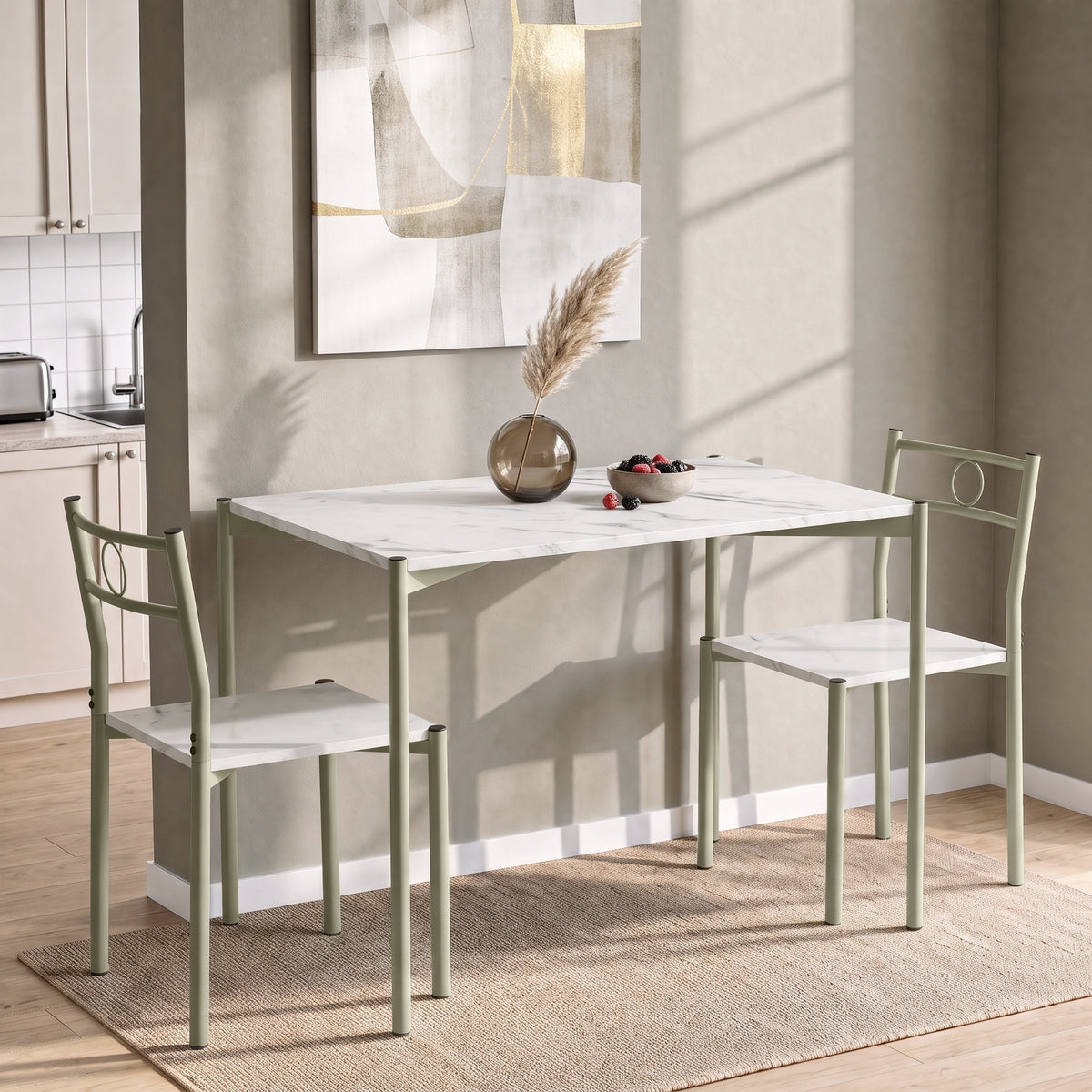 [White Marble] Bright kitchen lifestyle view with the two-chair table set, berry bowl and a tall vase on the tabletop