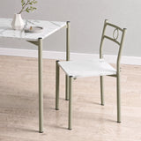 [White Marble] Close-up showing the tabletop edge, chair seat, pale round-pipe legs, circular chair backs, tray and vase