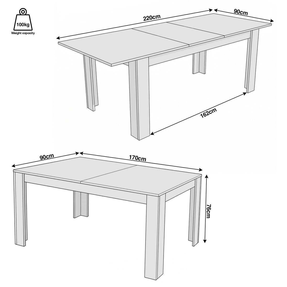 [White Marble] Dimension diagrams show the table at 170 and 220 cm long, 90 cm deep, 76 cm high, and with a capacity of 100 kg.