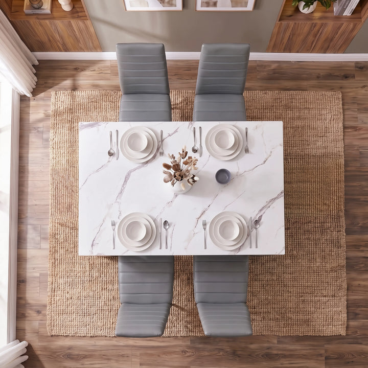 [4 Seater | Grey] White Marble 4 Seater Dining Table and Chairs Set, alternative view showcasing the set prepared for a meal.